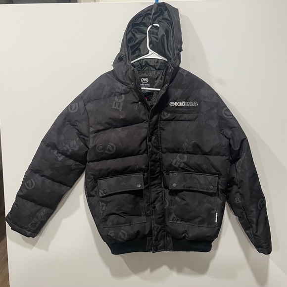Ecko‎ Unlimited Mens Puffer Jacket Black All Over Logo Print Hooded Size M